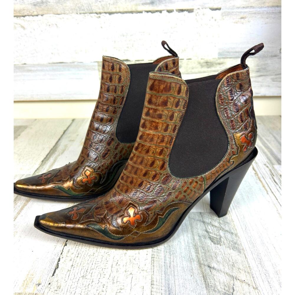 Donald J Pliner Brown Crocodile Leather Western Ankle Boots Womens 9N Heeled